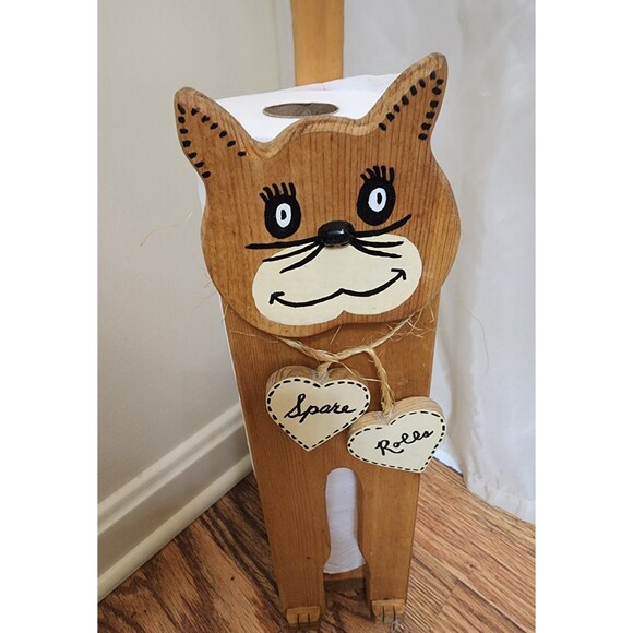 Vintage Rare Wooden Cat Toilet Paper Roll Holder "Spare Rolls" - Picture 3 of 9